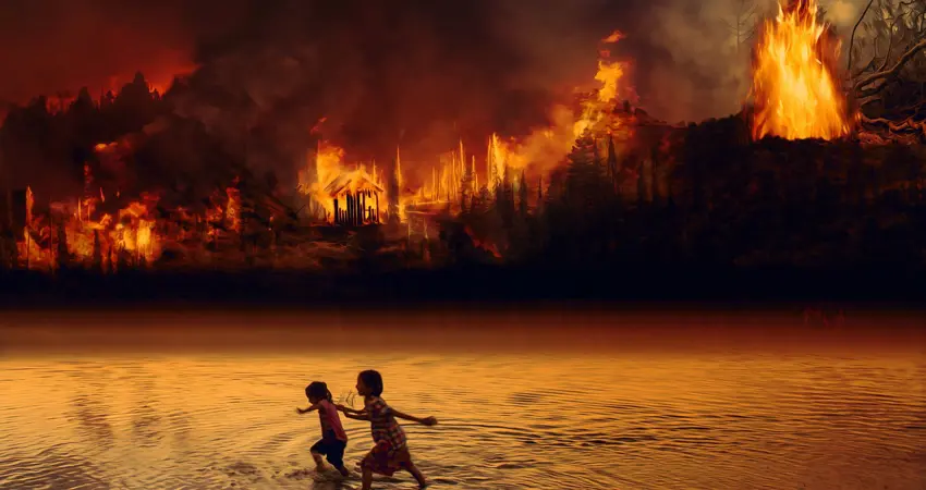 Children escape wildfire in a river