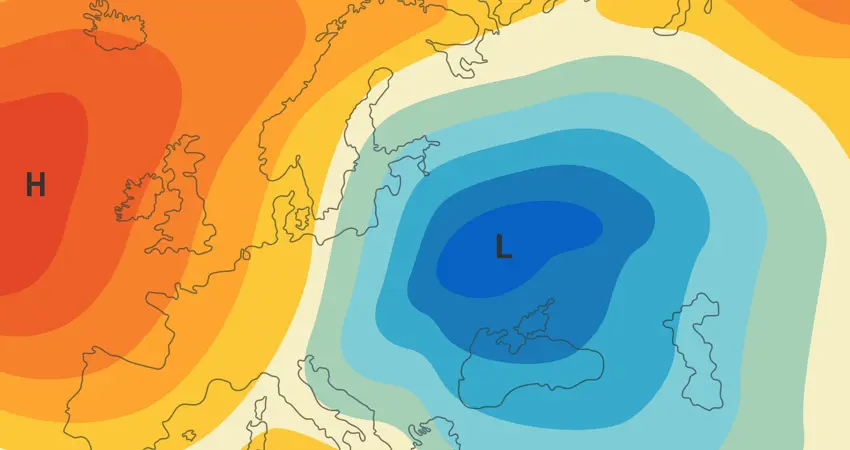 Meteorological weather forecast map. Template or Map showing of movement warm and cold fronts
